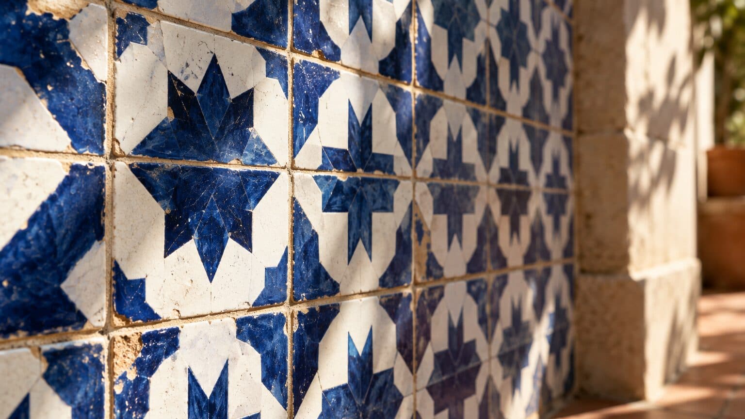 Detail of hand-laid tiles in a geometric panel