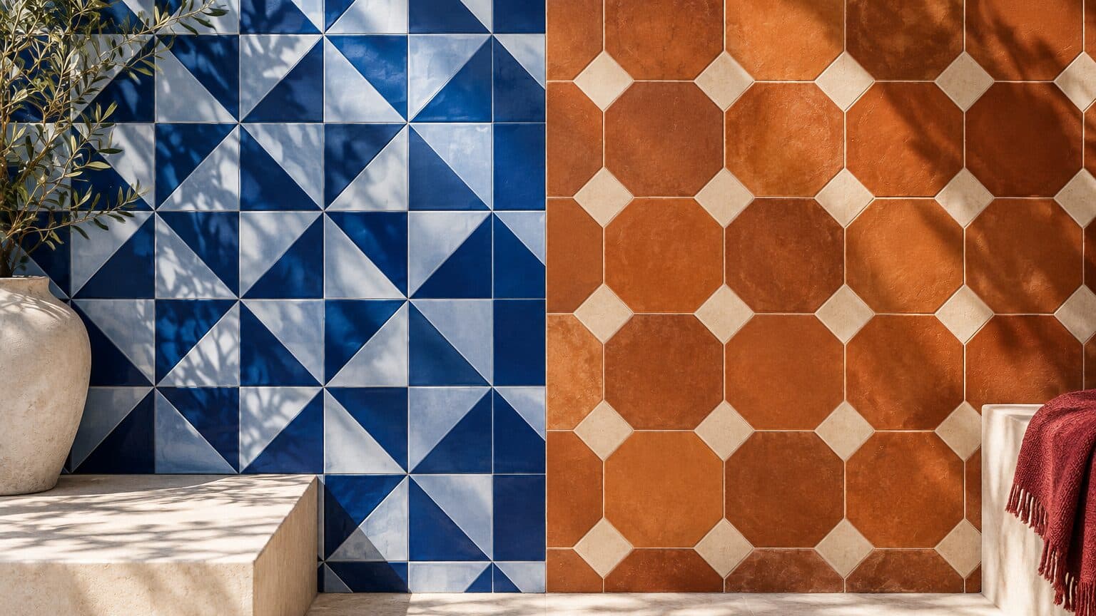 Dos paneles de azulejo contiguos, en cobalto y terracota