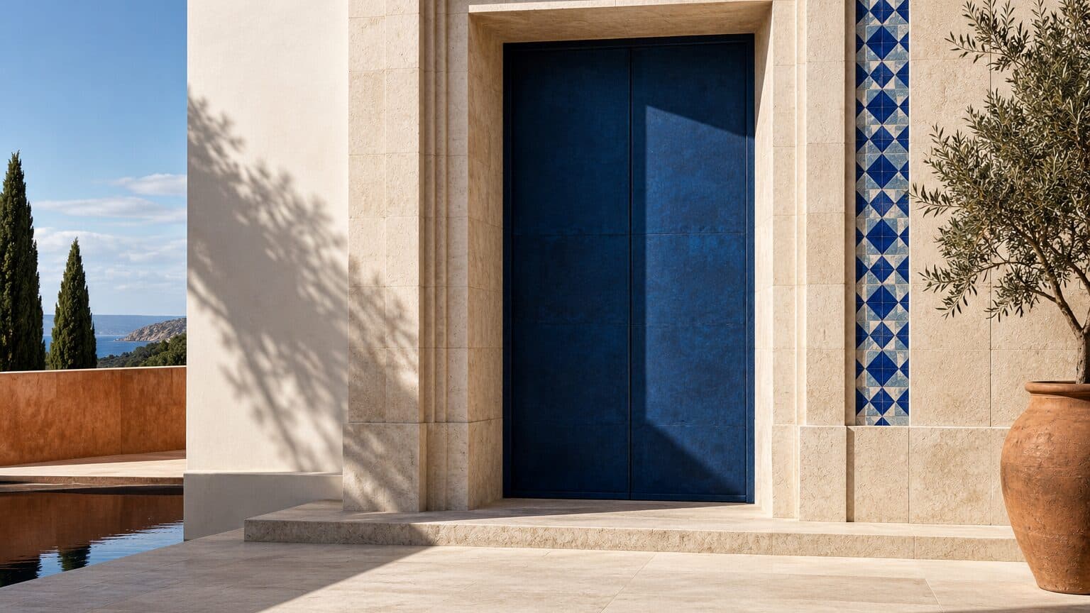 A stone doorway with a deep frame and a clean shadow line