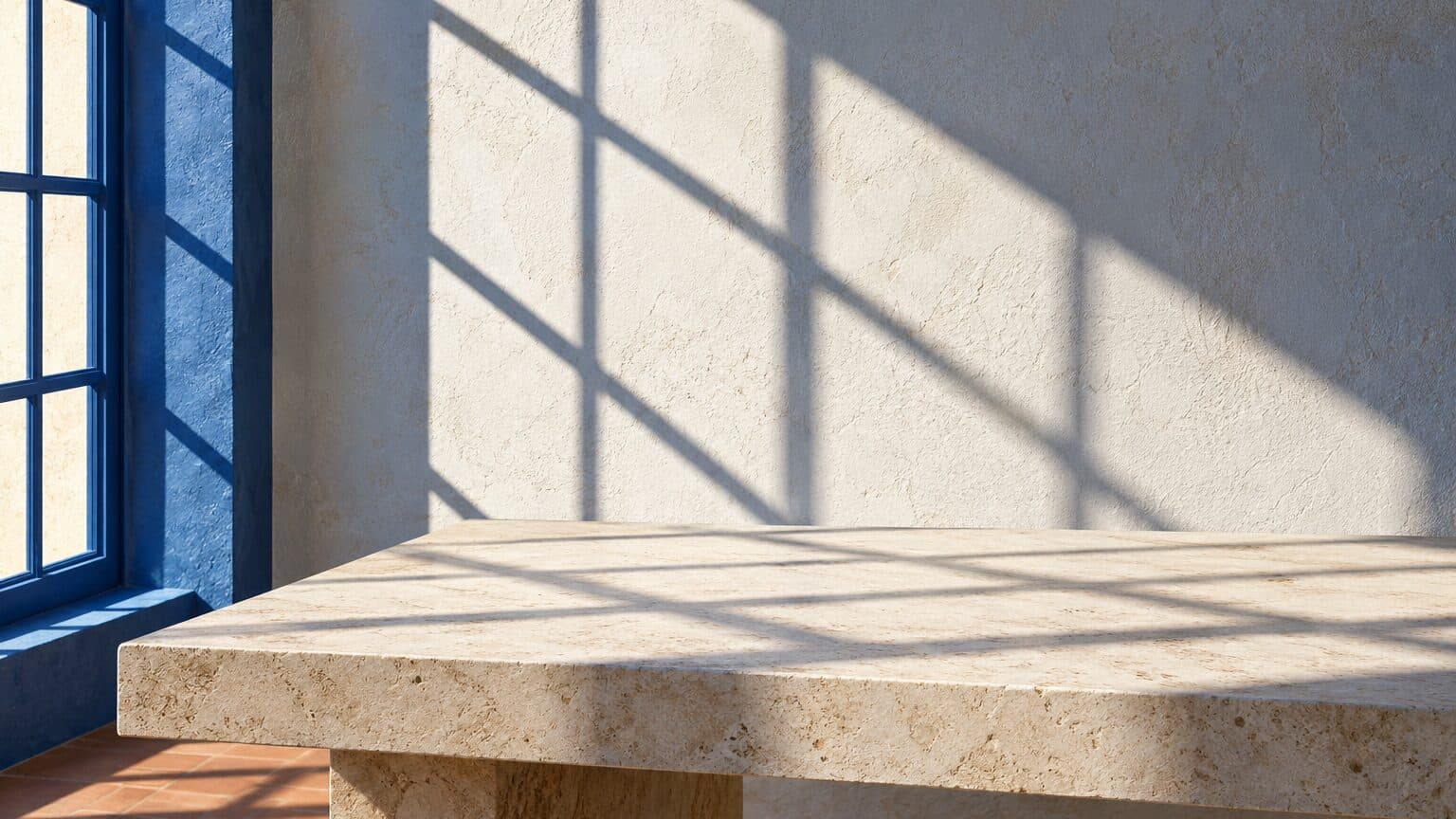 Luz de ventana proyectando una retícula sobre una mesa de piedra