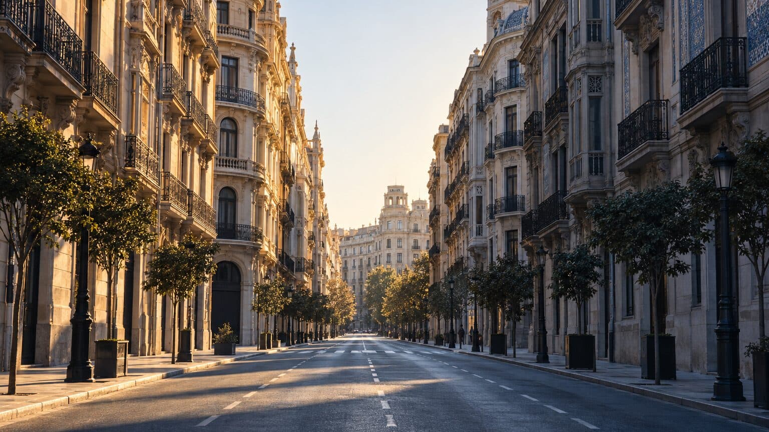 Calle urbana española con luz de primera hora y arquitectura sobria