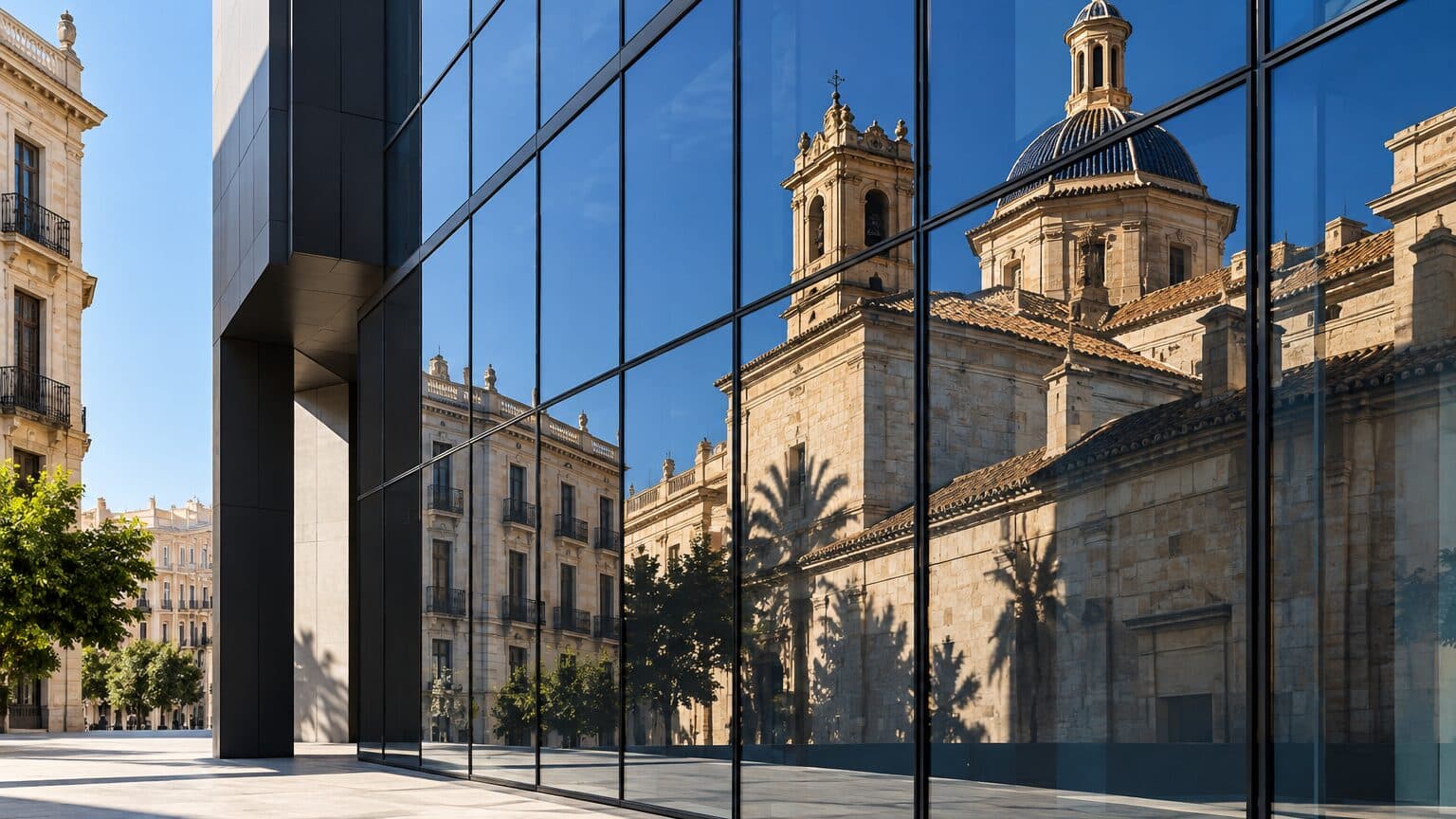 Fachada acristalada moderna reflejando piedra y cielo